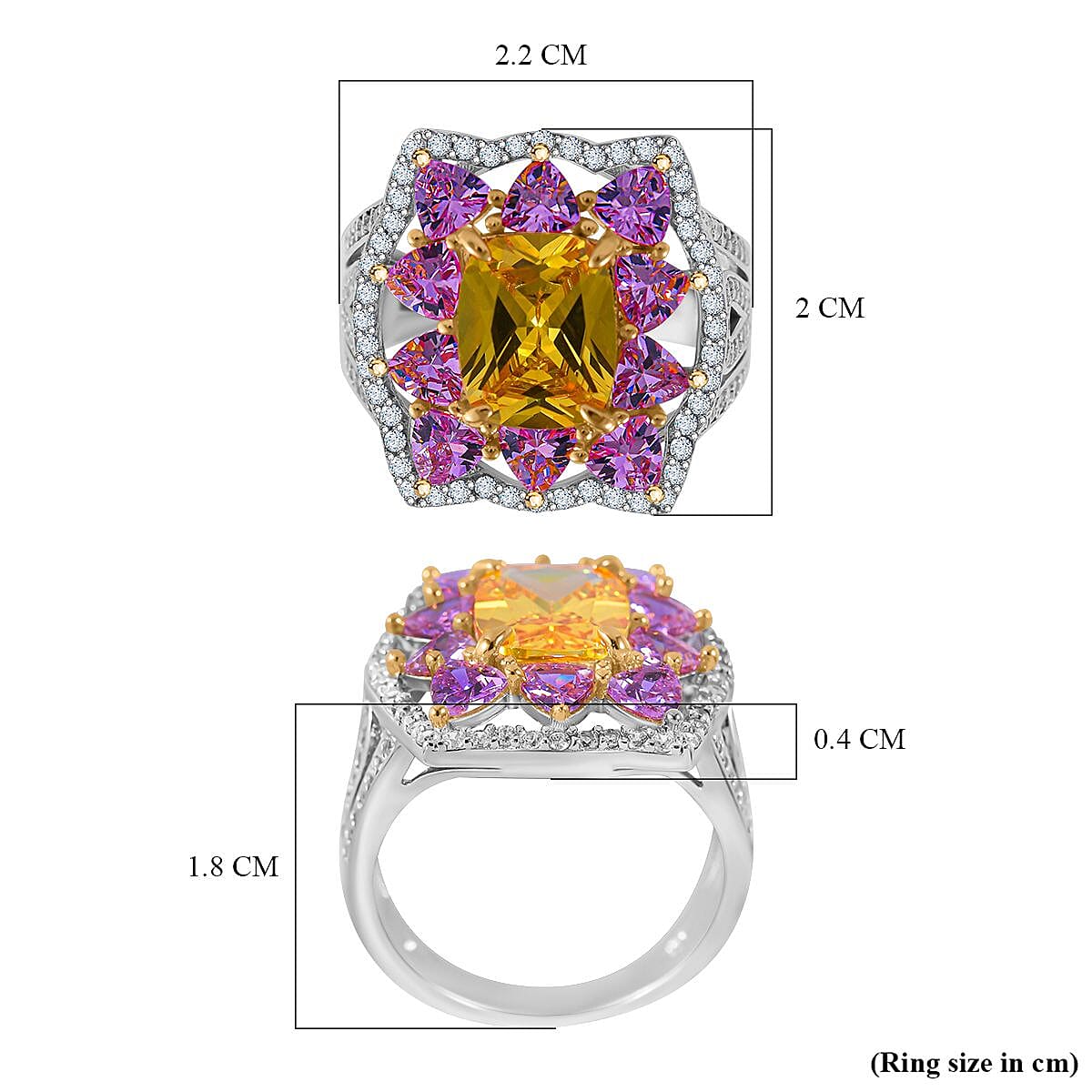Multicolour Cubic Zirconia Cluster Ring in Rhodium Overlay Sterling Silver 9.04 Ct