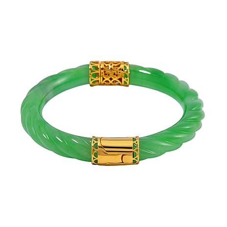 Designer Inspired- Very Rare Green Jadeite Jade Carved Bangle (Size 7.5) in Yellow Gold Vermeil Sterling Silver 210 Ct.