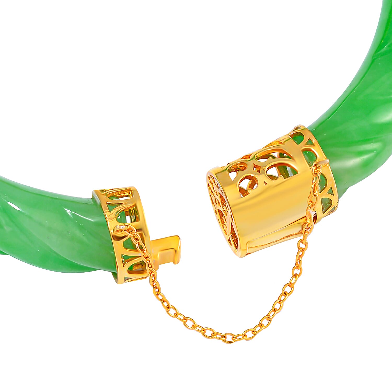 Designer Inspired- Very Rare Green Jadeite Jade Carved Bangle (Size 7.5) in Yellow Gold Vermeil Sterling Silver 210 Ct.
