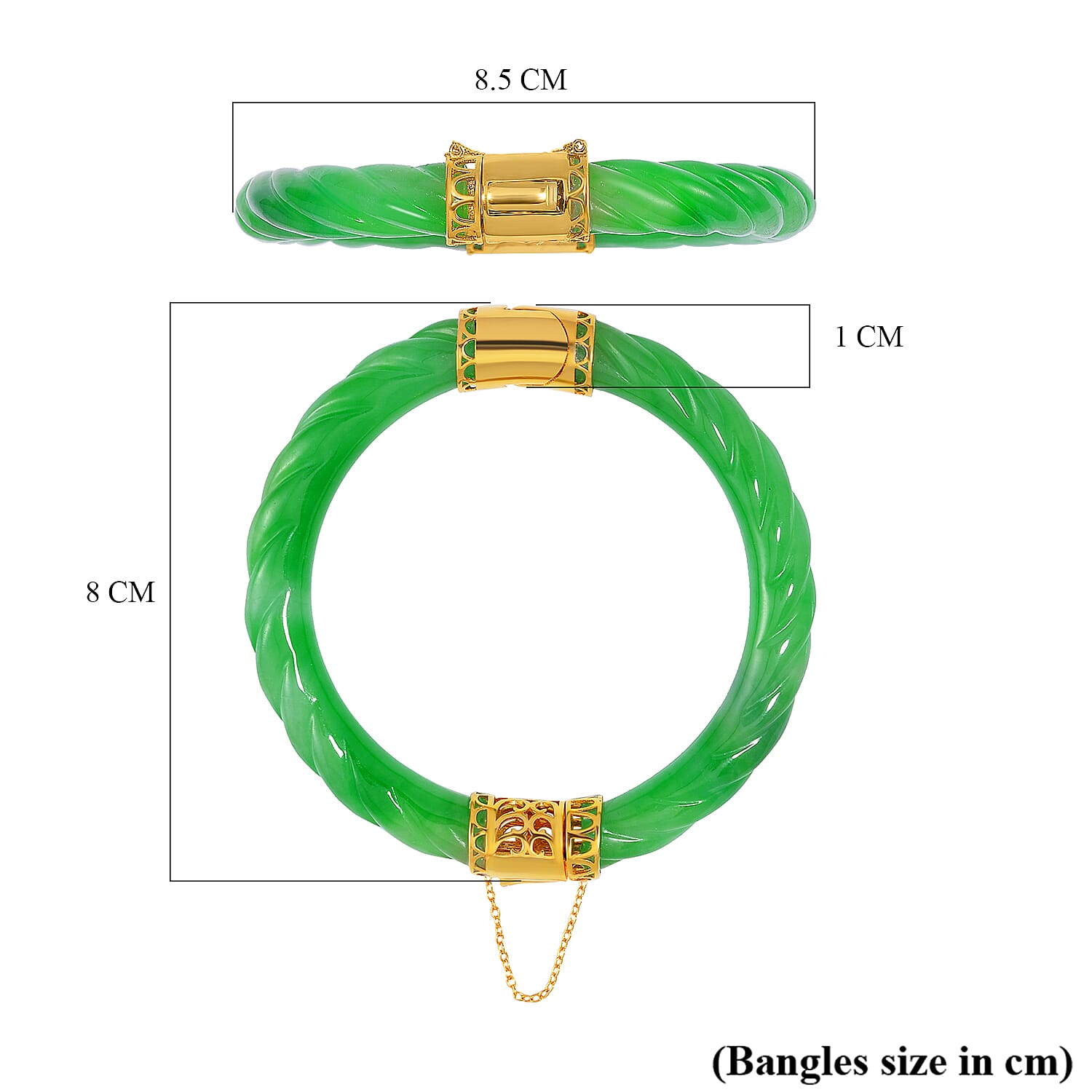 Designer Inspired- Very Rare Green Jadeite Jade Carved Bangle (Size 7.5) in Yellow Gold Vermeil Sterling Silver 210 Ct.