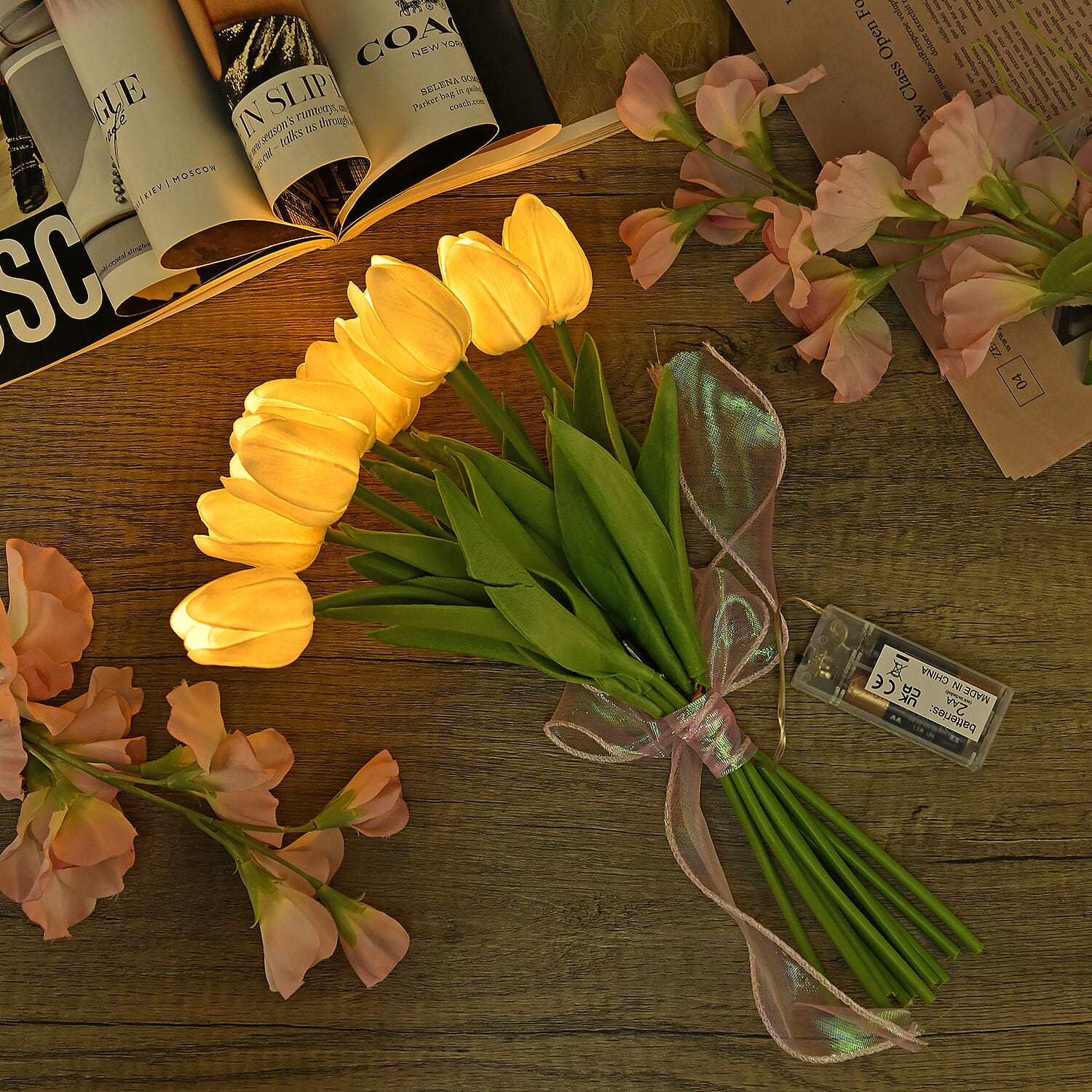 10 Pcs Realistic Tulip Bouquet with LED Light - Yellow