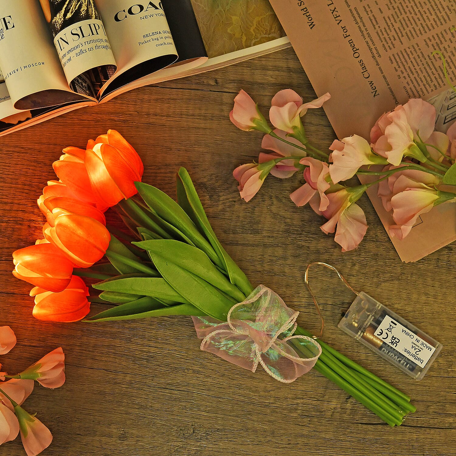 10 Pcs Realistic Tulip Bouquet with LED Light - Orange