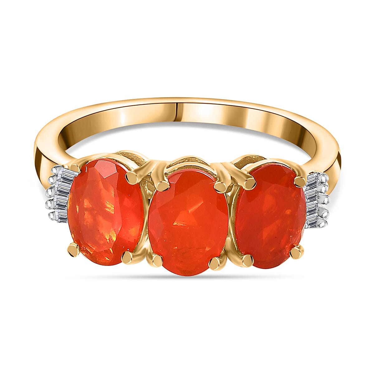 Queretaro Fire Opal & Diamond Trilogy Ring in 18K Gold Vermeil Sterling Silver 1.60 Ct.