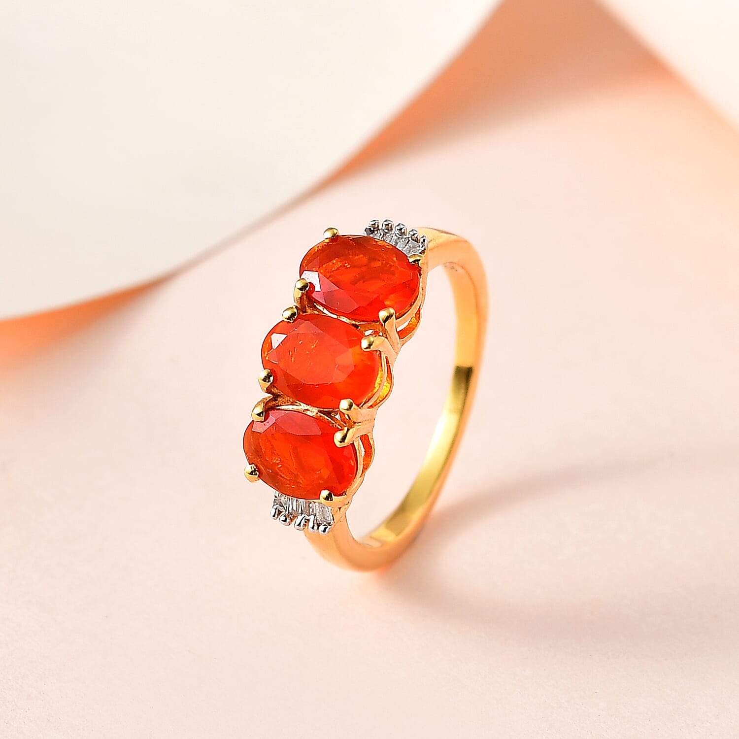 Queretaro Fire Opal & Diamond Trilogy Ring in 18K Gold Vermeil Sterling Silver 1.60 Ct.