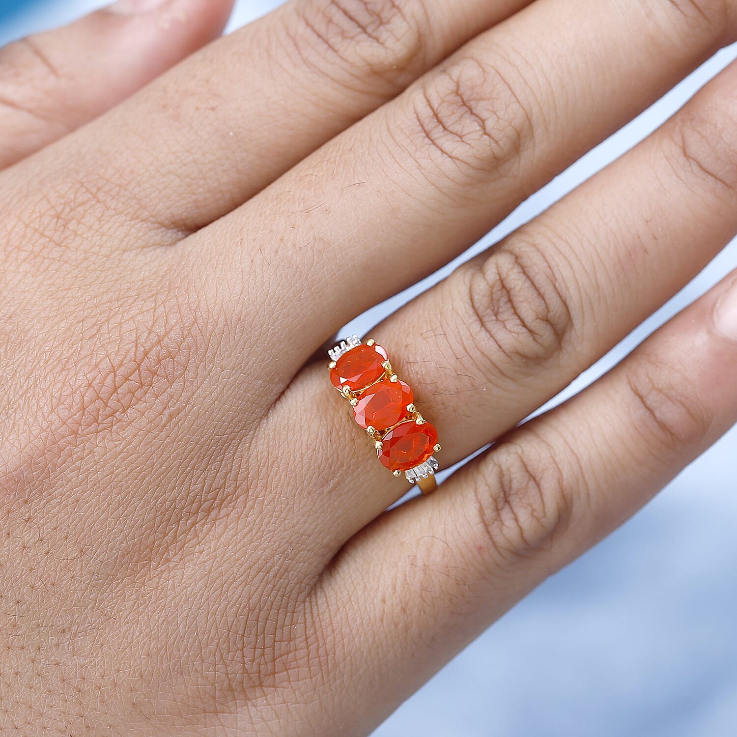 Queretaro Fire Opal & Diamond Trilogy Ring in 18K Gold Vermeil Sterling Silver 1.60 Ct.