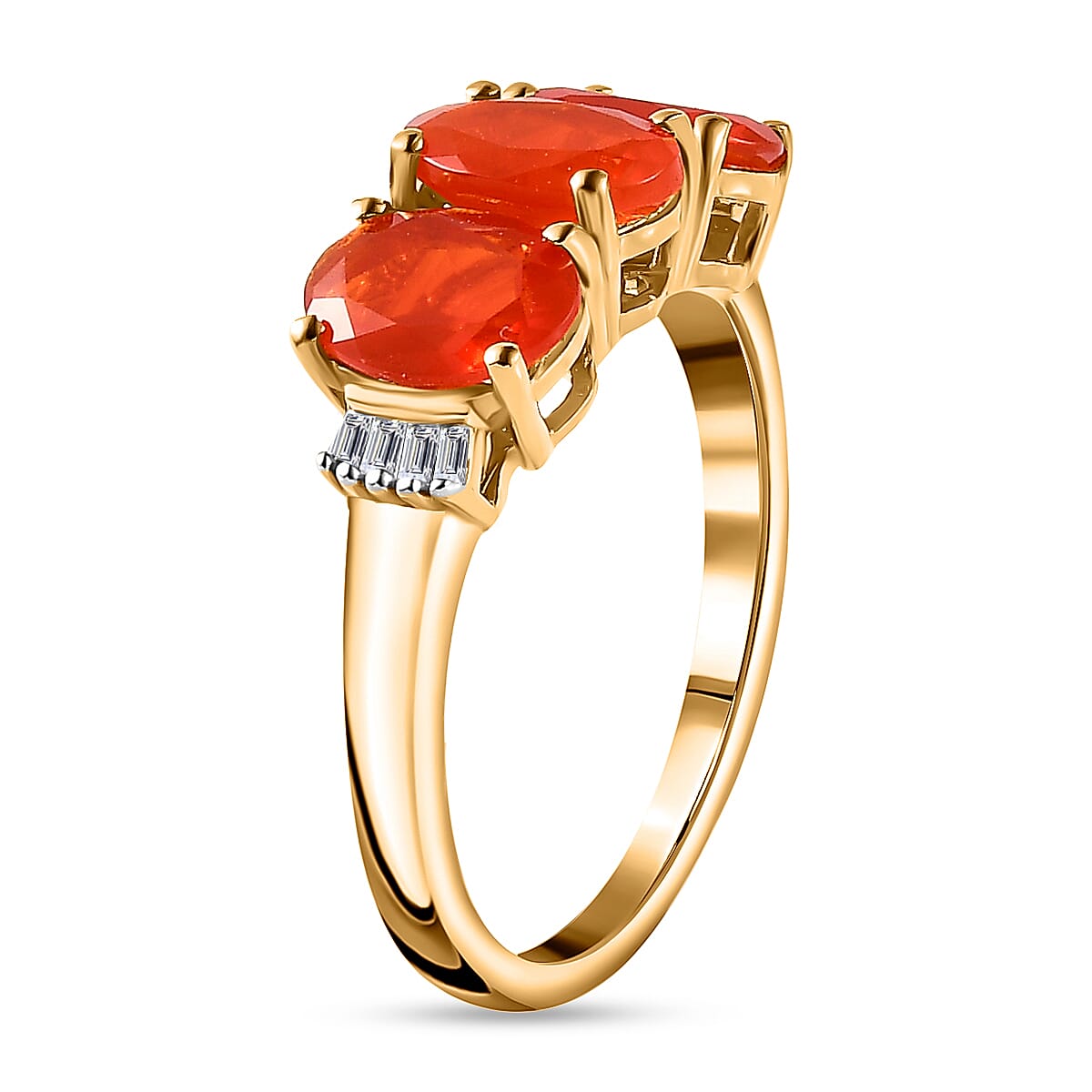 Queretaro Fire Opal & Diamond Trilogy Ring in 18K Gold Vermeil Sterling Silver 1.60 Ct.