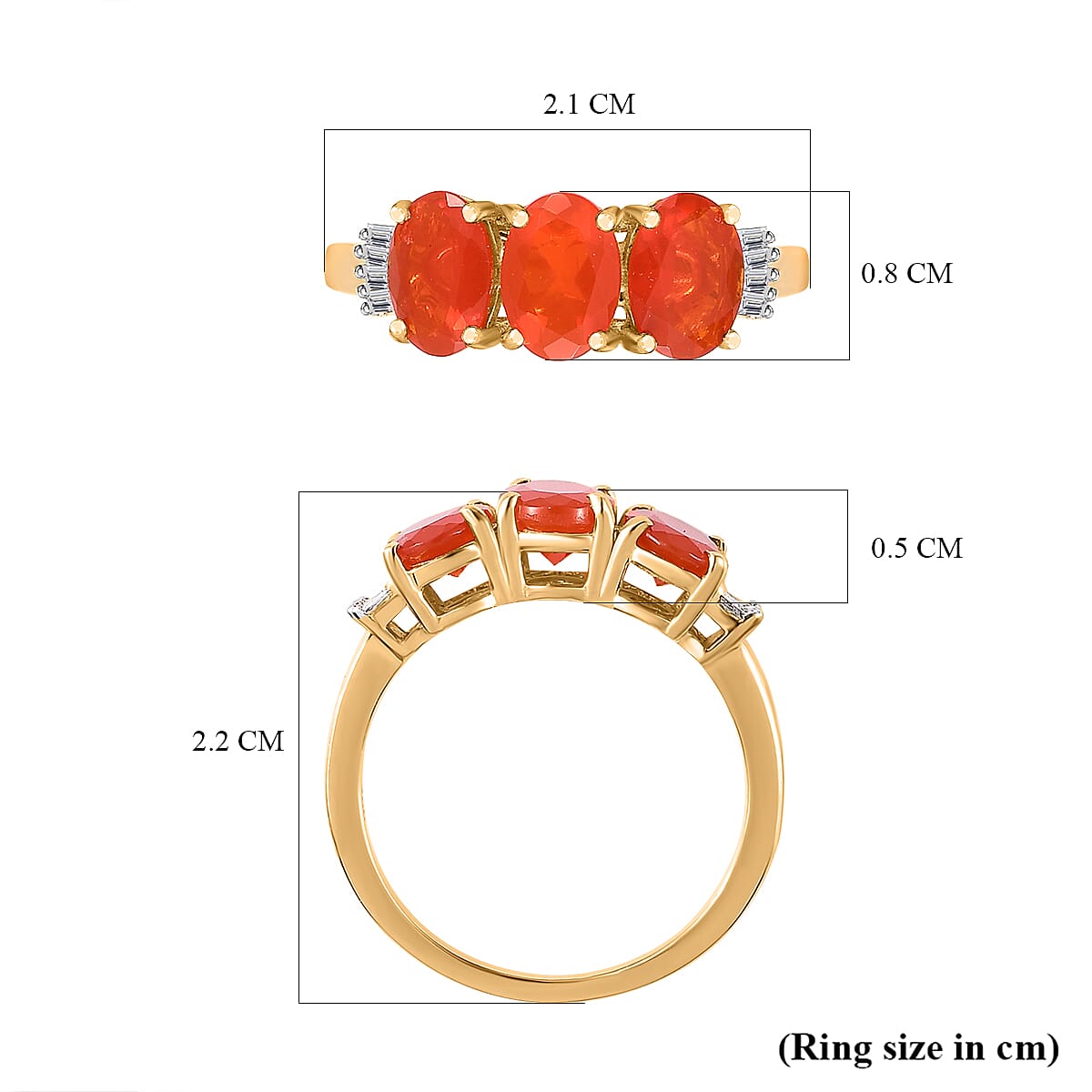 Queretaro Fire Opal & Diamond Trilogy Ring in 18K Gold Vermeil Sterling Silver 1.60 Ct.