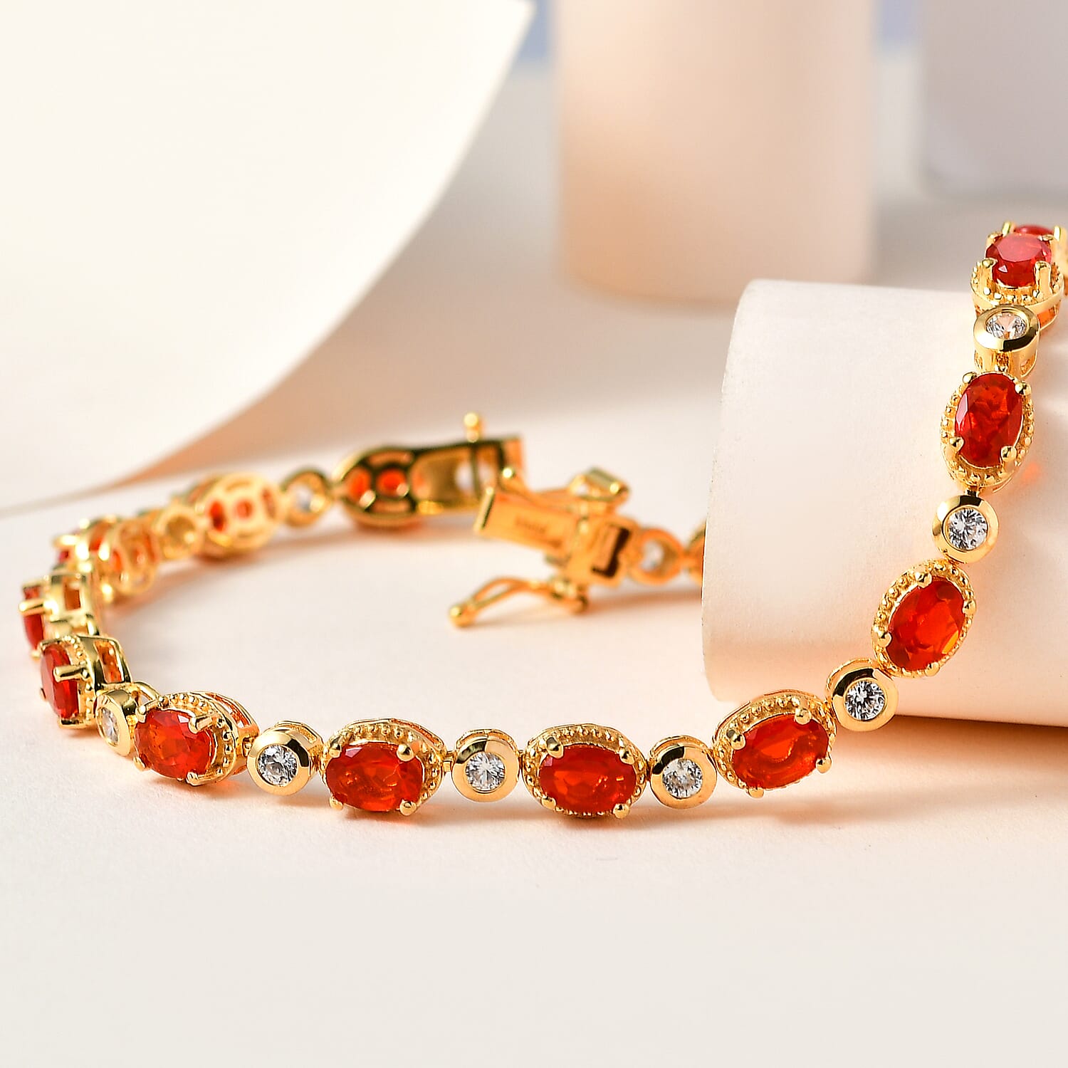 Salamanca Fire Opal & Natural Zircon Tennis Bracelet (Size - 7) in 18K Gold Vermeil Sterling Silver 5.71 Ct.