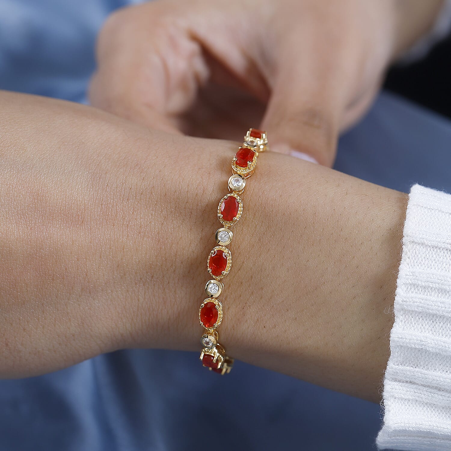 Salamanca Fire Opal & Natural Zircon Tennis Bracelet (Size - 7) in 18K Gold Vermeil Sterling Silver 5.71 Ct.