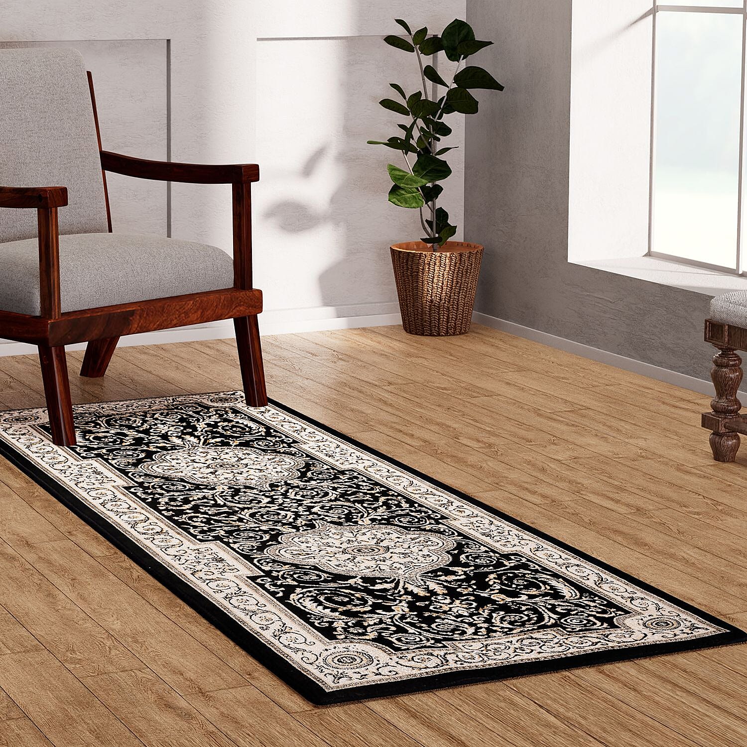 Traditional Turkish Runner Rug (Size 180x66 cm) - Black & Beige