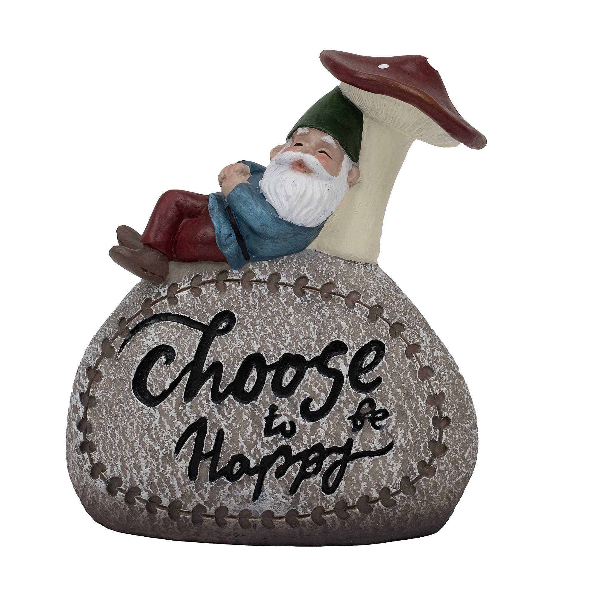 Gnome Resting Under a Mushroom Holding (Choose To Be Happy) Sign - Red