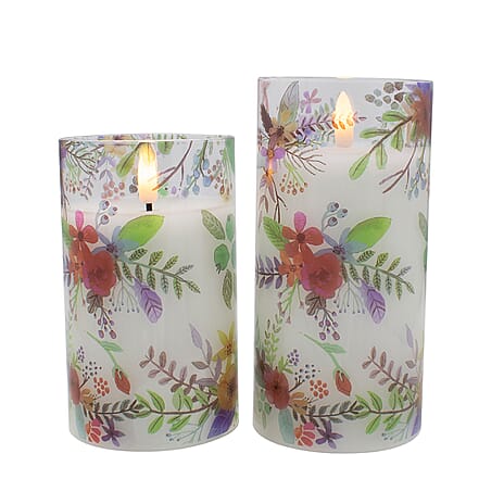 Set of 2 LED Floral Printed Glass Wax Candle - Multi