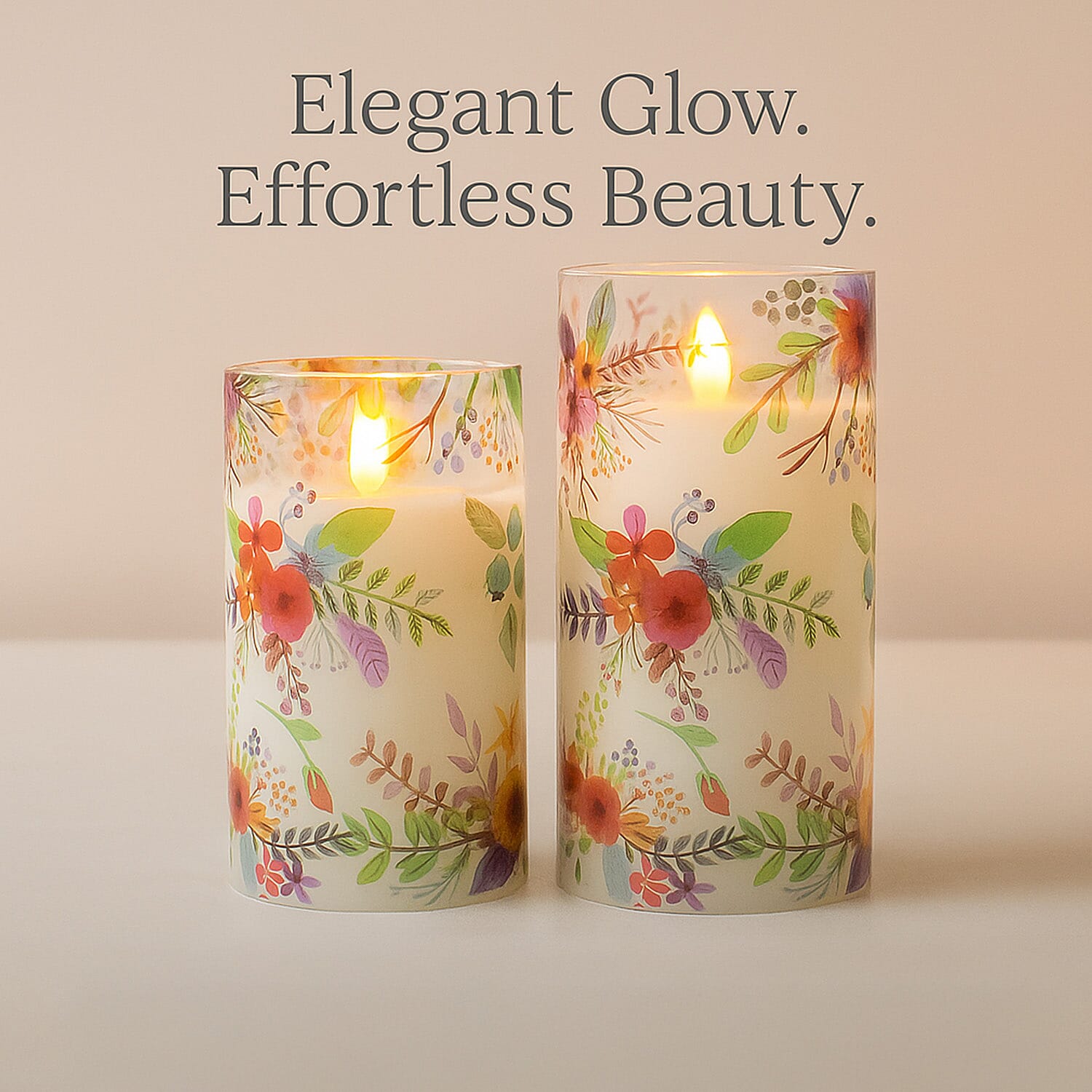 Set of 2 LED Floral Printed Glass Wax Candle - Multi