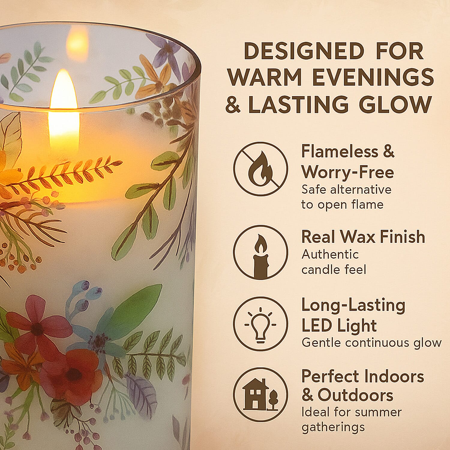 Set of 2 LED Floral Printed Glass Wax Candle - Multi