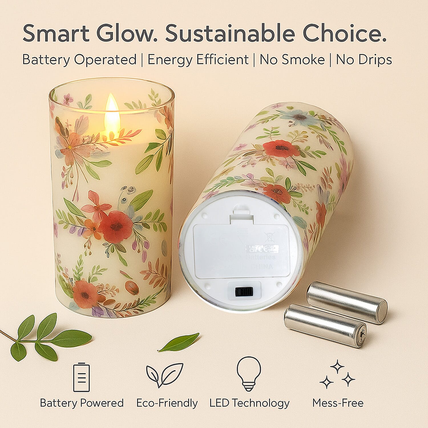 Set of 2 LED Floral Printed Glass Wax Candle - Multi