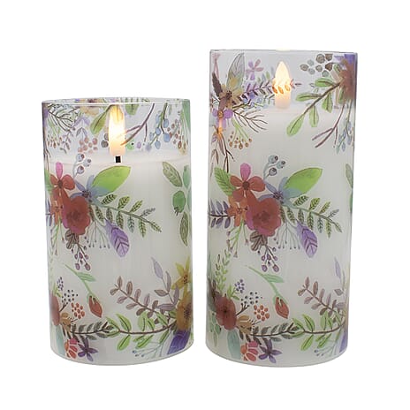 Set of 2 LED Floral Printed Glass Wax Candle - Multi