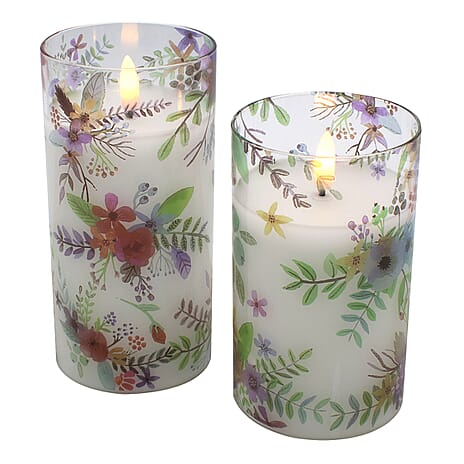 Set of 2 LED Floral Printed Glass Wax Candle - Multi