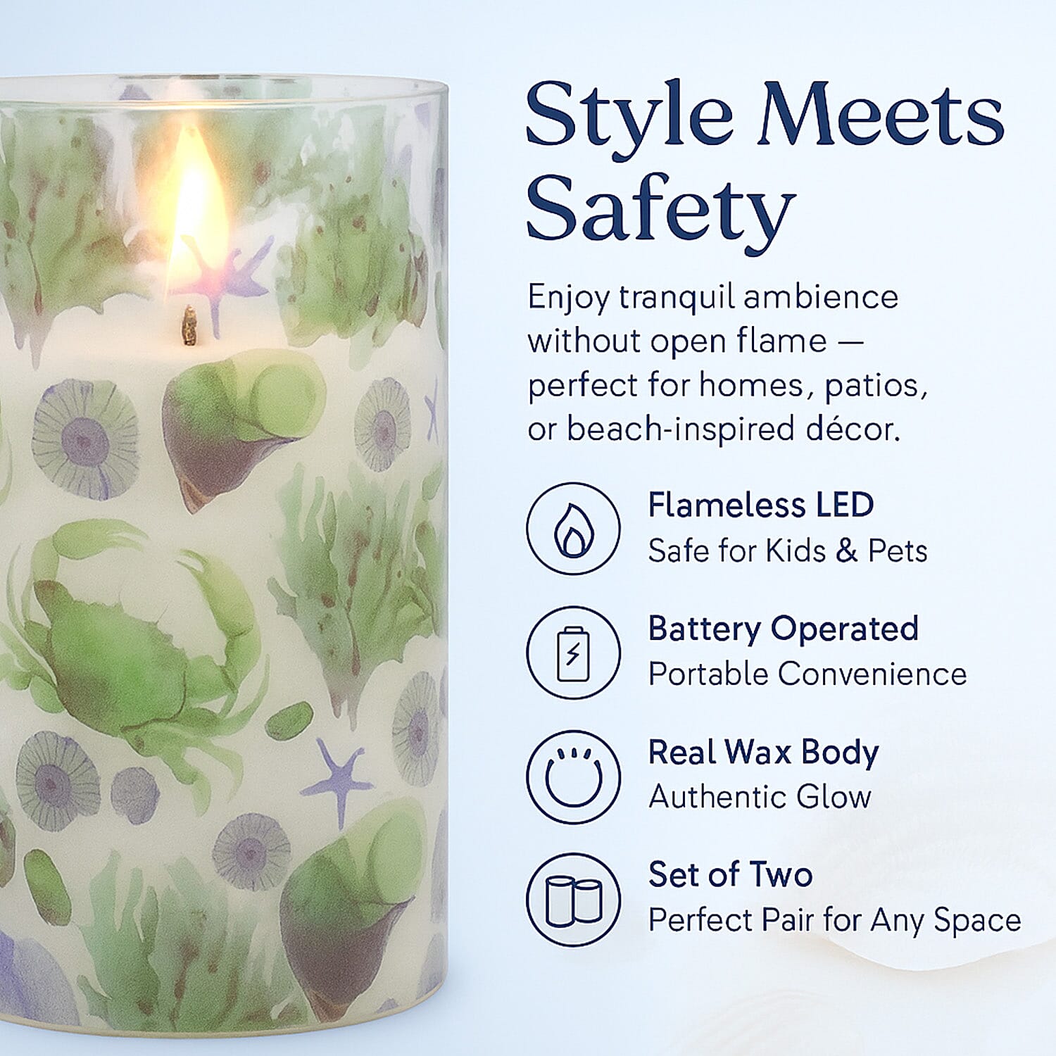 Set of 2 LED Coastal Printed Glass Wax Candle - Light Blue