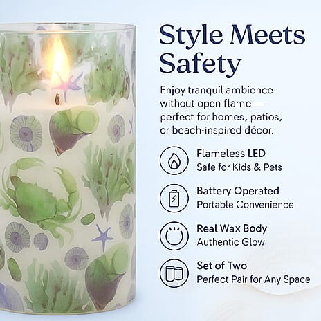 Set of 2 LED Coastal Printed Glass Wax Candle - Light Blue