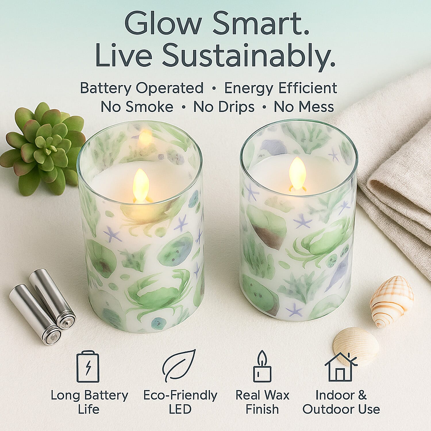 Set of 2 LED Coastal Printed Glass Wax Candle - Light Blue