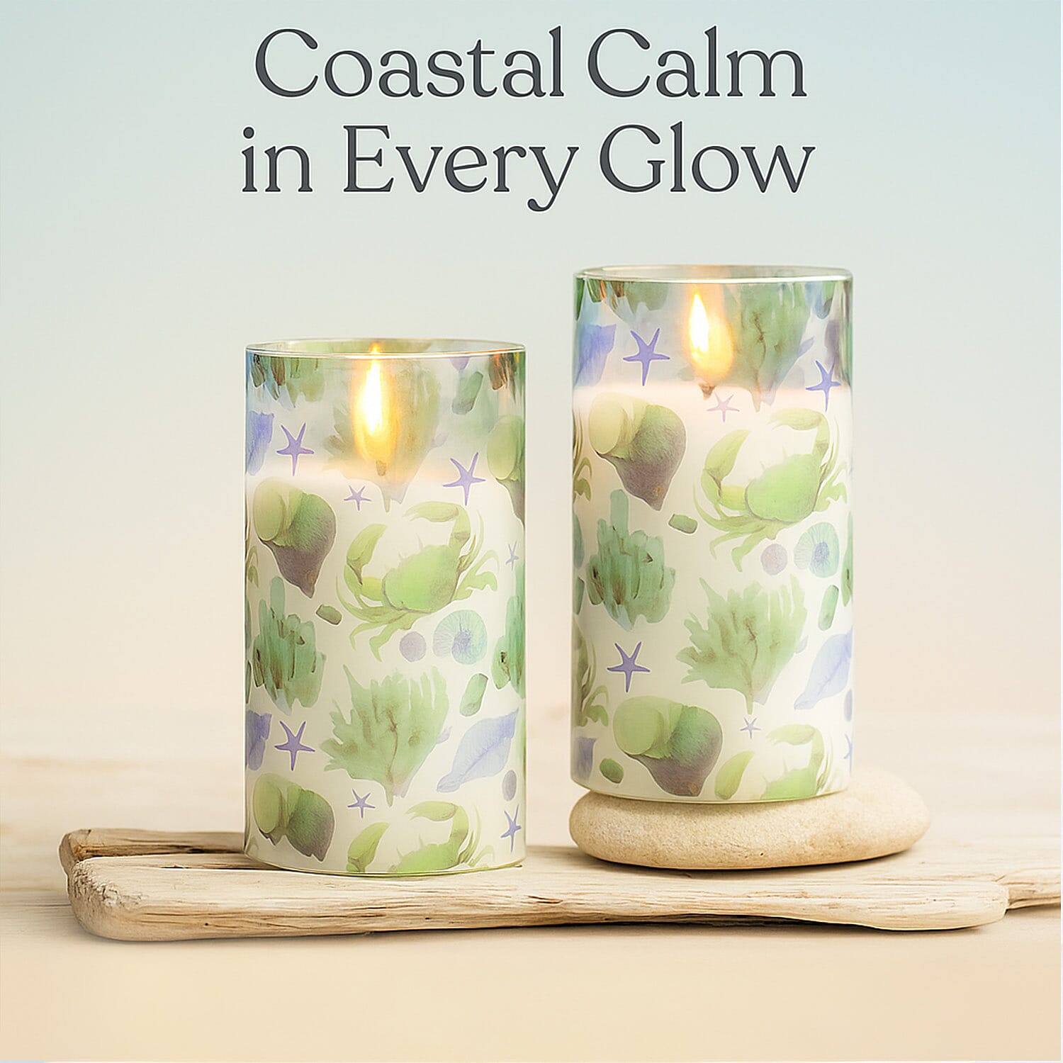 Set of 2 LED Coastal Printed Glass Wax Candle - Light Blue