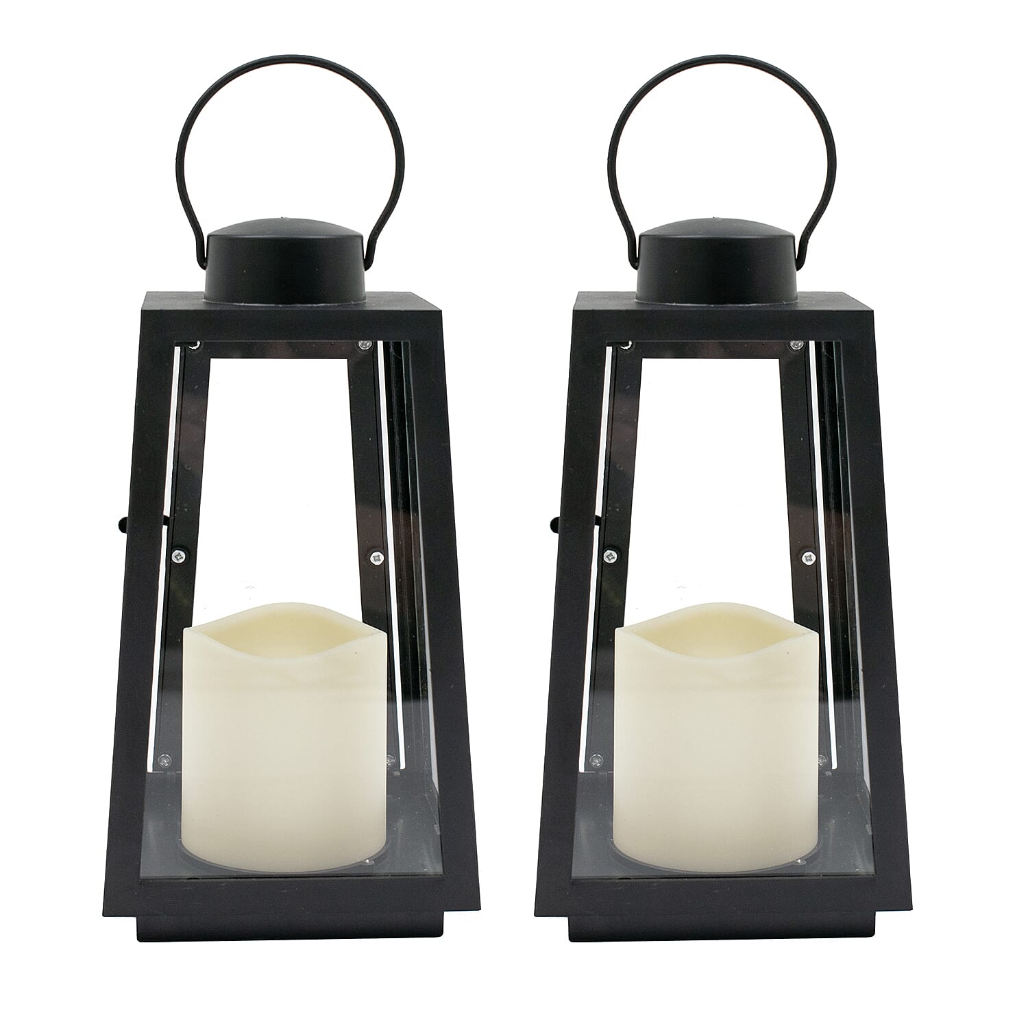 Set of 2 Metal Battery Powered LED Flameless Candle Lantern with Remote Control - Black