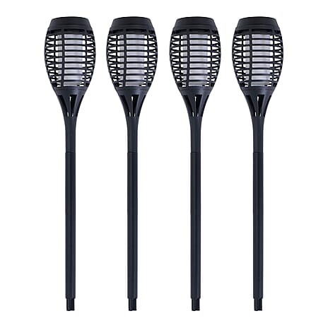 Set of 4 Solar Flame Lamp Outdoor Garden Pathway Lighting - Black