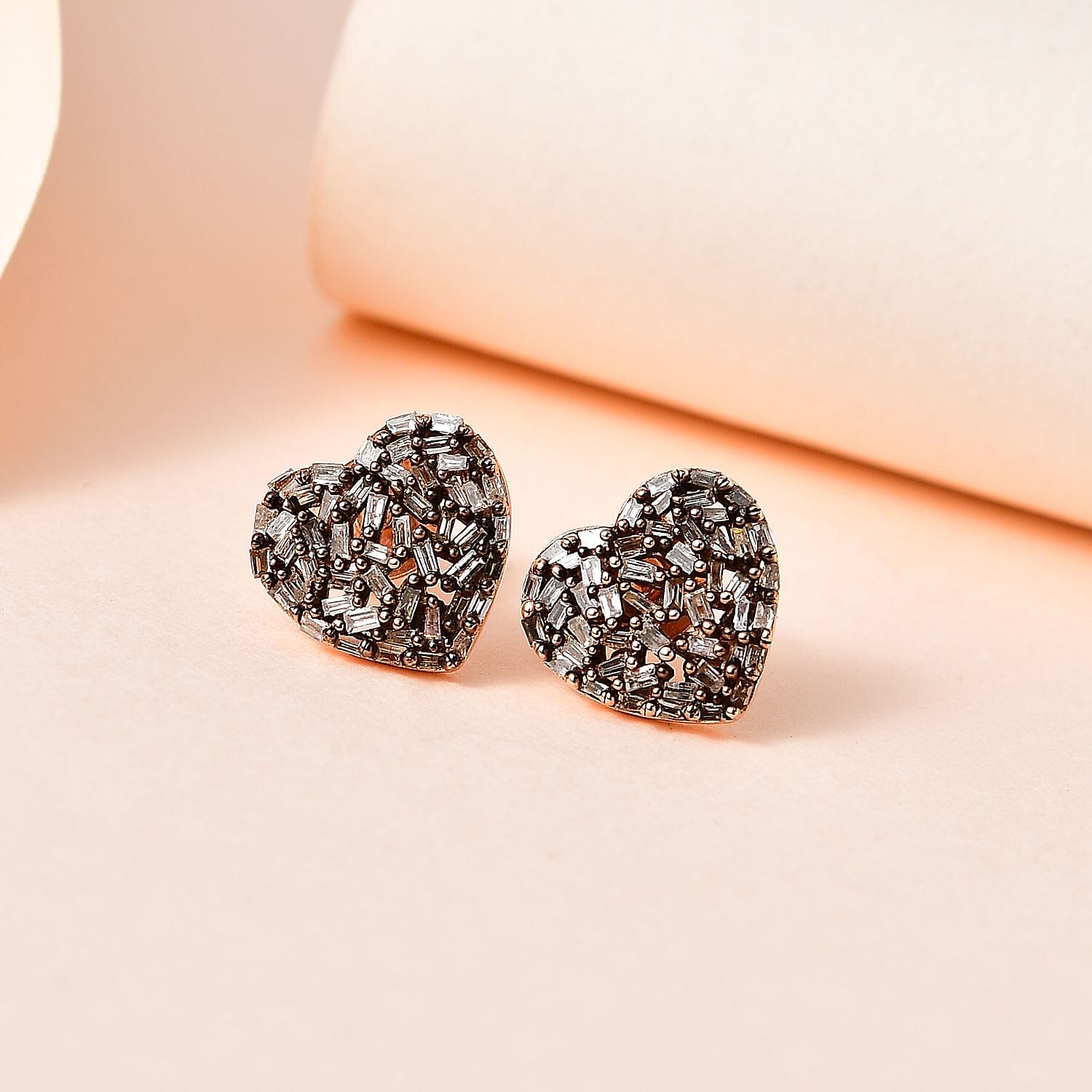 GP Amore Collection - Champagne Diamond Heart Earrings in 18K Rose Gold Vermeil Plated 0.55 Ct.