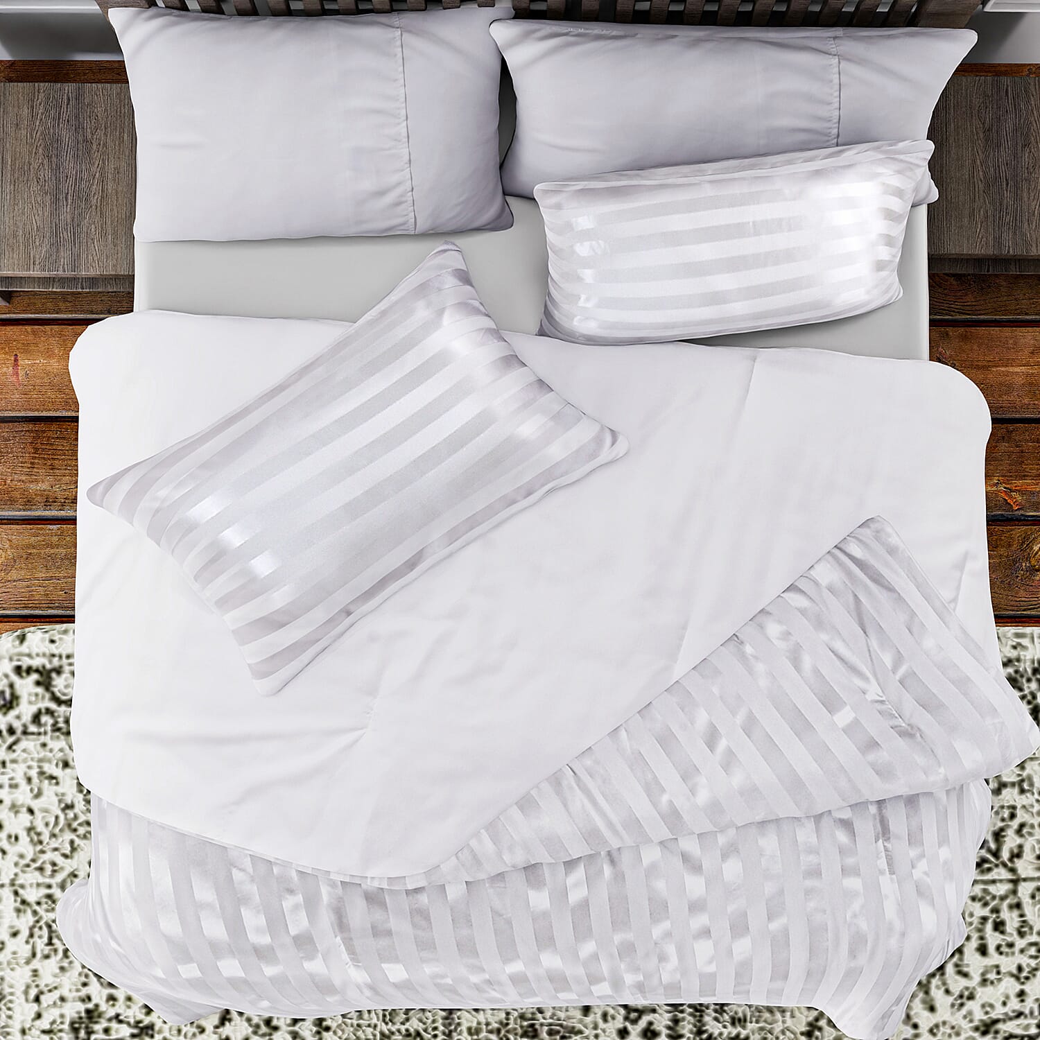 3 Piece Set - Striped Patterned Comforter with 2 Pillow Pillowcases - White