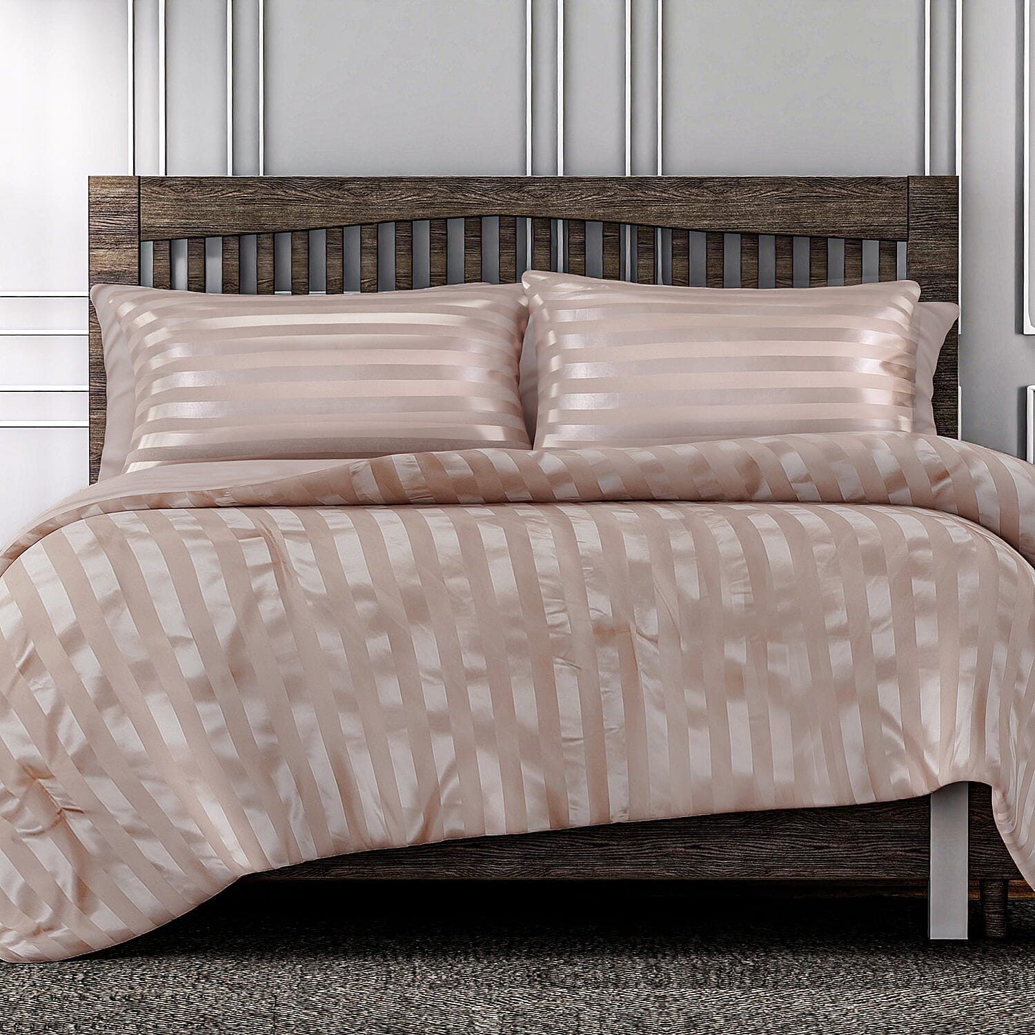 3 Piece Set - Striped Patterned Comforter with 2 Pillow Pillowcases - White