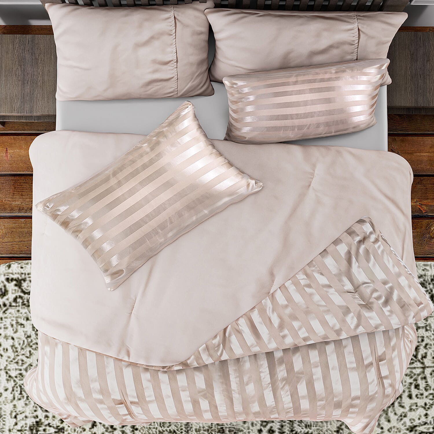 3 Piece Set - Striped Patterned Comforter with 2 Pillow Pillowcases - White