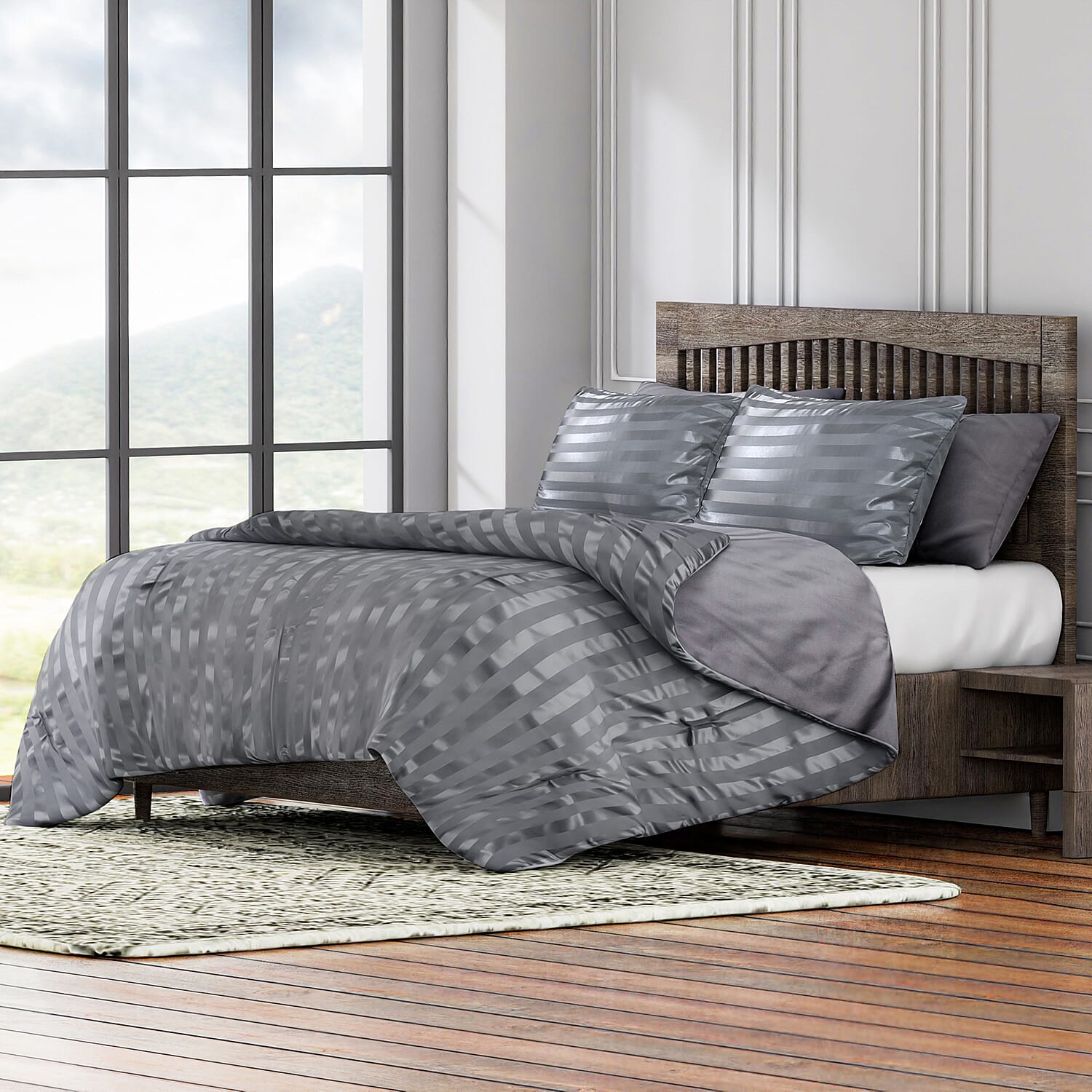 3 Piece Set - Striped Patterned Comforter with 2 Pillow Pillowcases - White