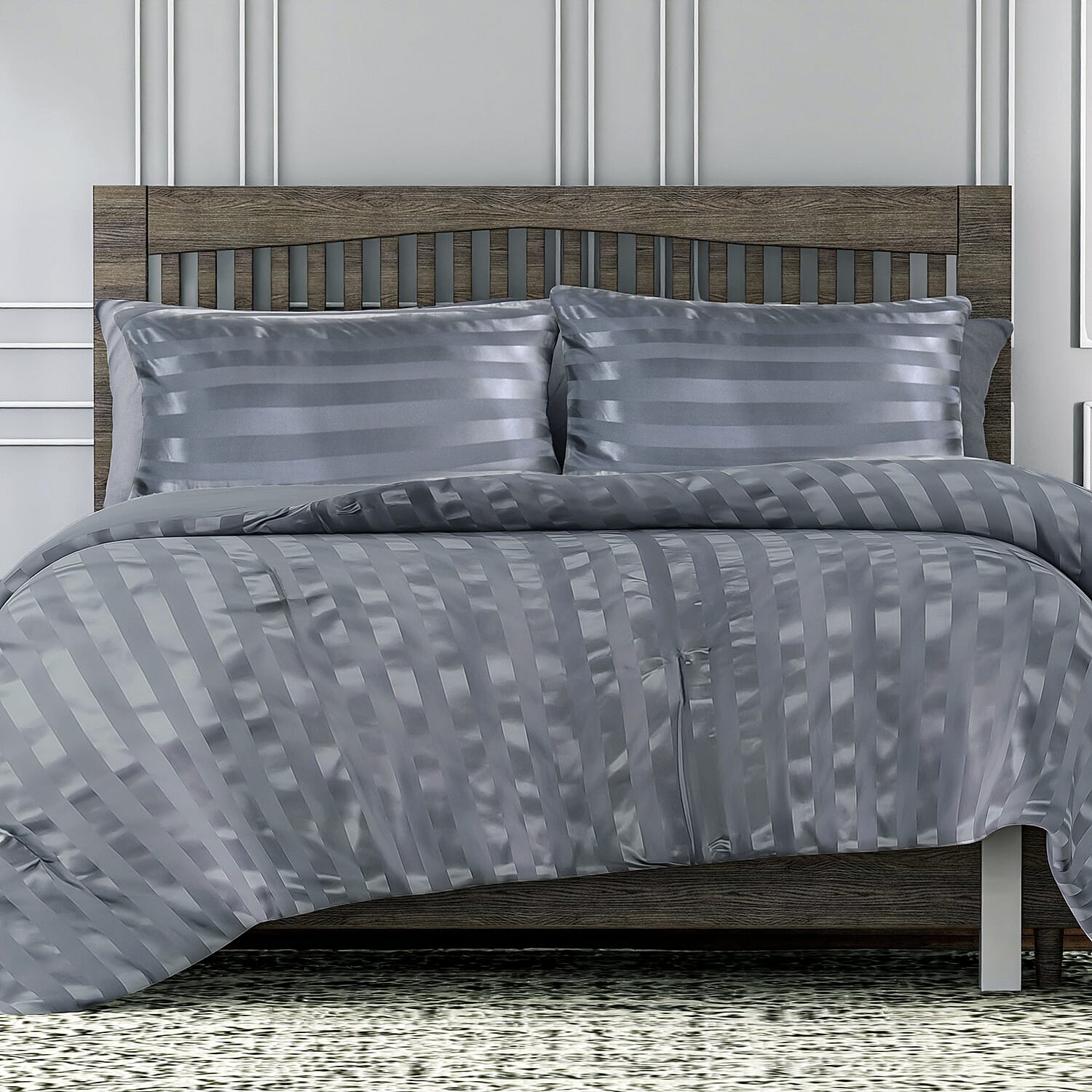 3 Piece Set - Striped Patterned Comforter with 2 Pillow Pillowcases - White