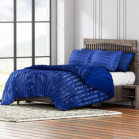 Set of 3 Striped Patterned Comforter and Pillow Case (Double Size 200x200 cm) - Blue