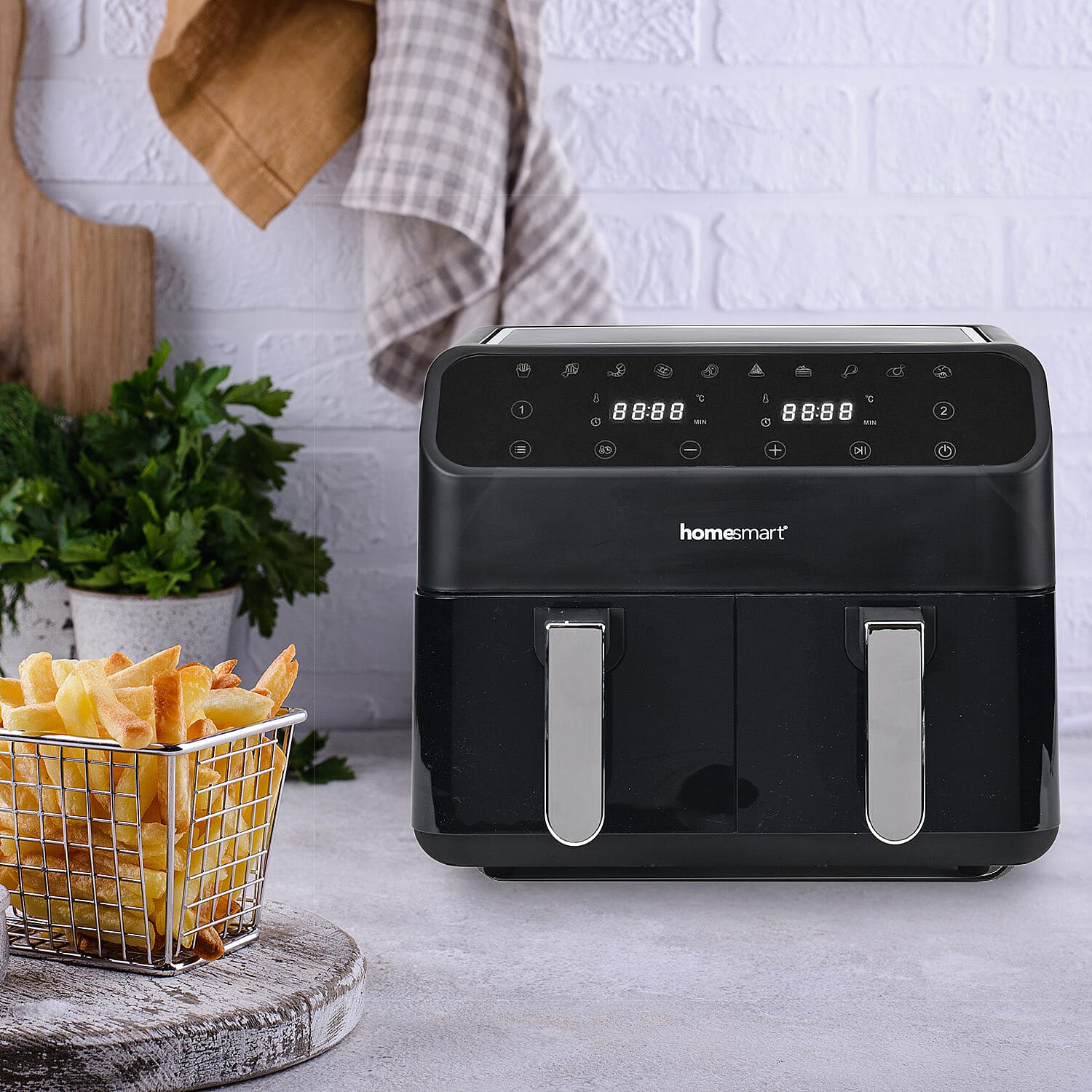 Homesmart 8L Dual Basket Digital Air Fryer (Grills-Roasts-Bakes) 2000W - Black