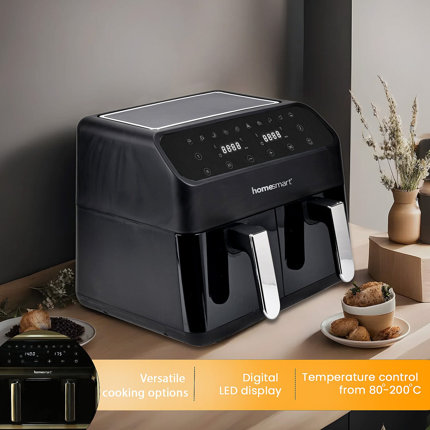 Homesmart 8L Dual Basket Digital Air Fryer (Grills-Roasts-Bakes) 2000W - Black