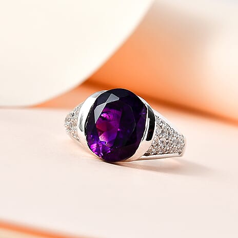 Moroccan Amethyst & Natural Zircon Ring in Platinum Overlay Sterling Silver 5.55 Ct