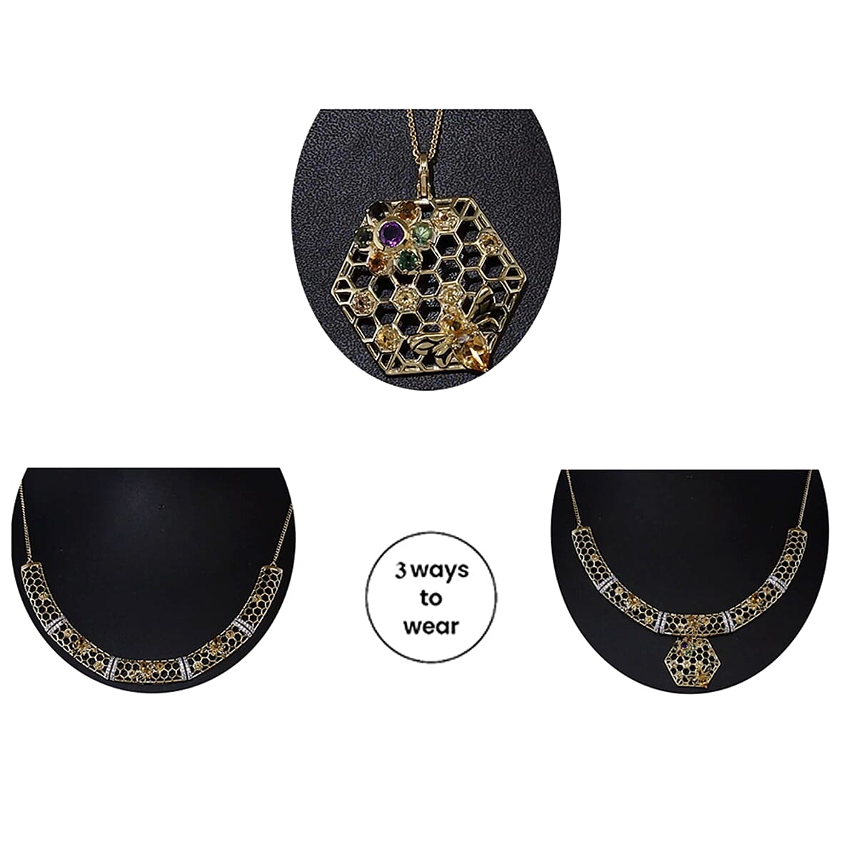 GP HoneyComb Collection - 3 in 1 Interchangeable Necklace Multi Gemstone in 18K Gold Vermeil Plated Sterling Silver 5.41 Ct, Silver Wt. 28.55 Gms. Size 20