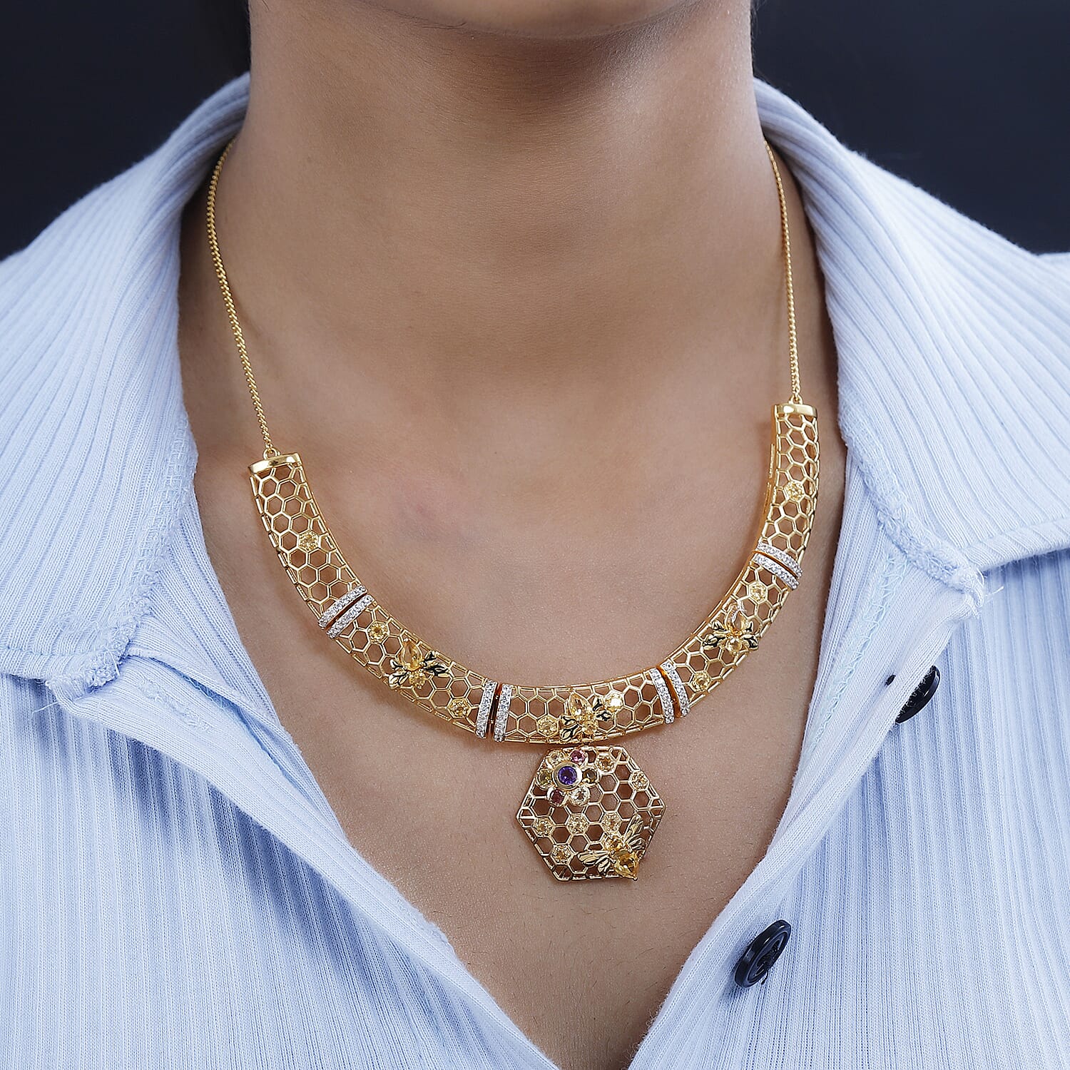 GP HoneyComb Collection - 3 in 1 Interchangeable Necklace Multi Gemstone in 18K Gold Vermeil Plated Sterling Silver 5.41 Ct, Silver Wt. 28.55 Gms. Size 20