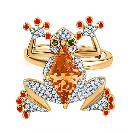 GP Italian Garden Collection - Citrine, Natural Chrome Diopside & Natural Zircon Frog Ring in 18K Vermeil Yellow Gold Plated Sterling Silver