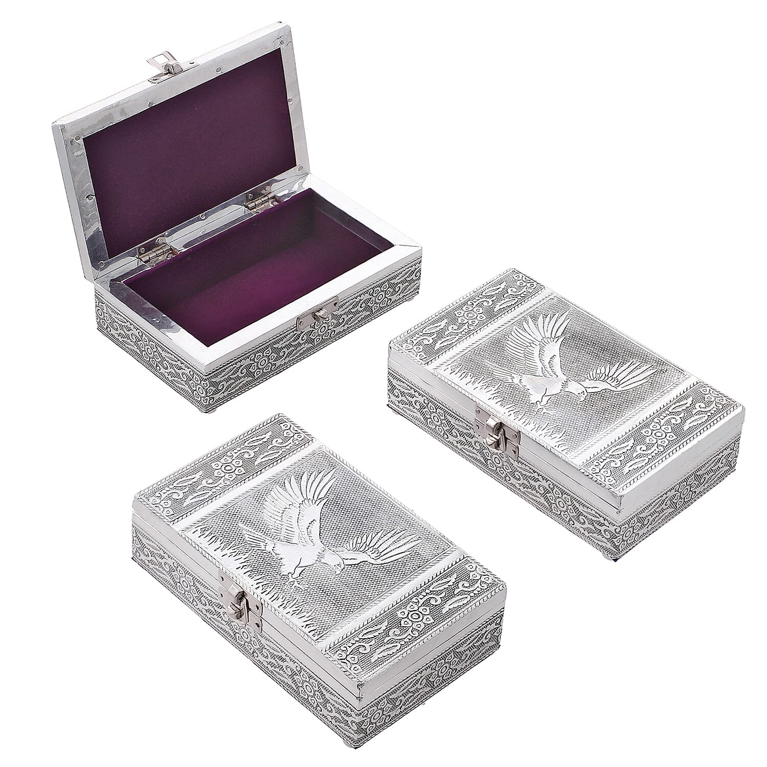 Set of 3 -  Handcrafted Eagle Embossed Vintage Storage Box (Size 16.5x10x4 cm) - Silver