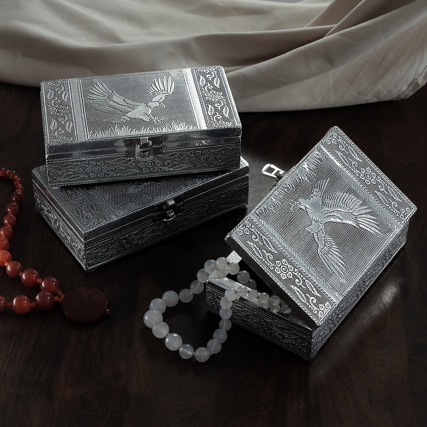 Set of 3 -  Handcrafted Eagle Embossed Vintage Storage Box (Size 16.5x10x4 cm) - Silver