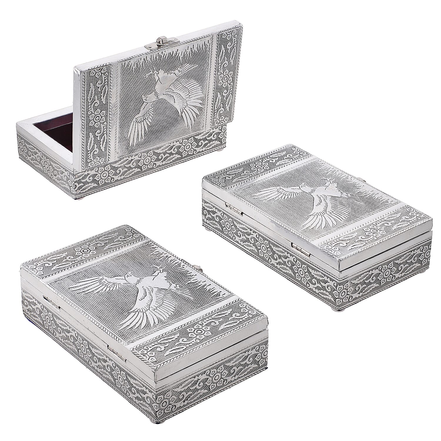 Set of 3 -  Handcrafted Eagle Embossed Vintage Storage Box (Size 16.5x10x4 cm) - Silver