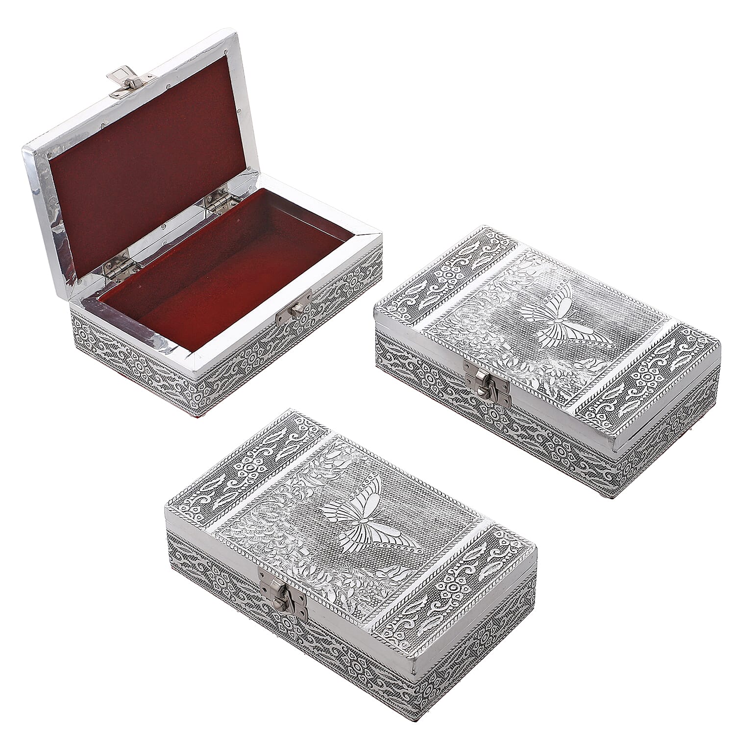 Set of 3 -  Handcrafted Butterfly Embossed Vintage Storage Box (Size 16.5x10x4 cm) - Silver