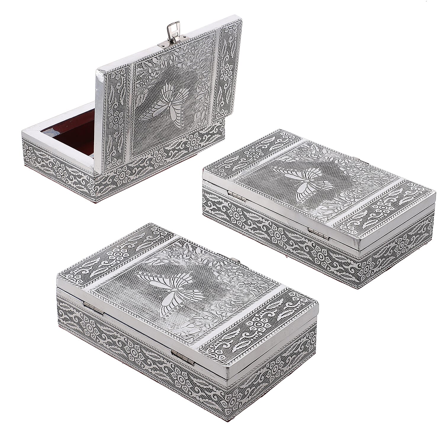 Set of 3 -  Handcrafted Butterfly Embossed Vintage Storage Box (Size 16.5x10x4 cm) - Silver