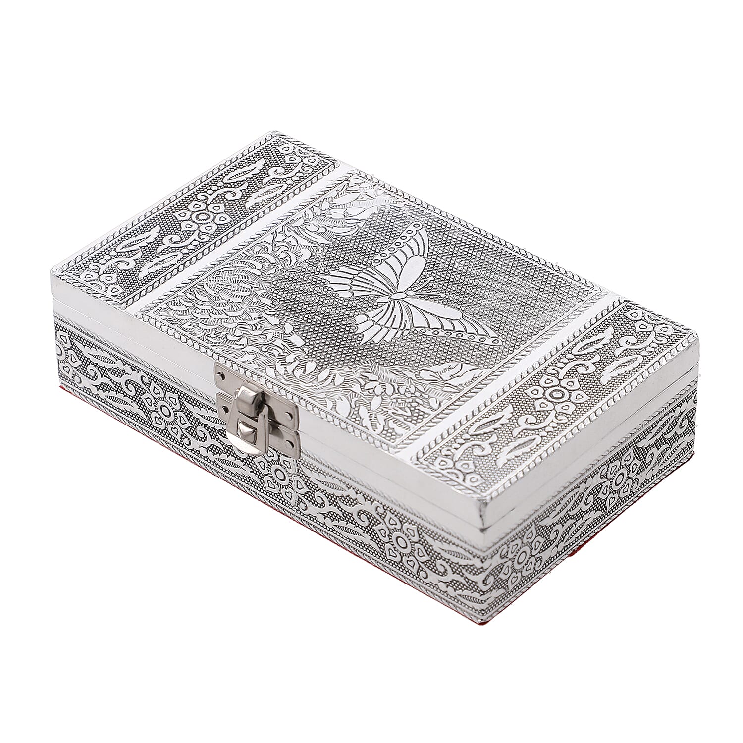 Set of 3 -  Handcrafted Butterfly Embossed Vintage Storage Box (Size 16.5x10x4 cm) - Silver