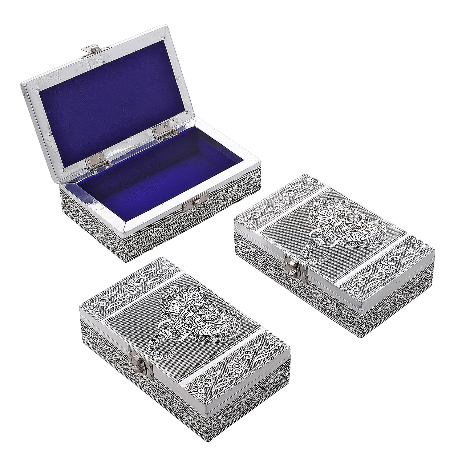 Set of 3 - Elephant Embossed Rectangular Aluminium Oxidized Storage Boxes (Size 16.5x10x4 Inch) - Silver