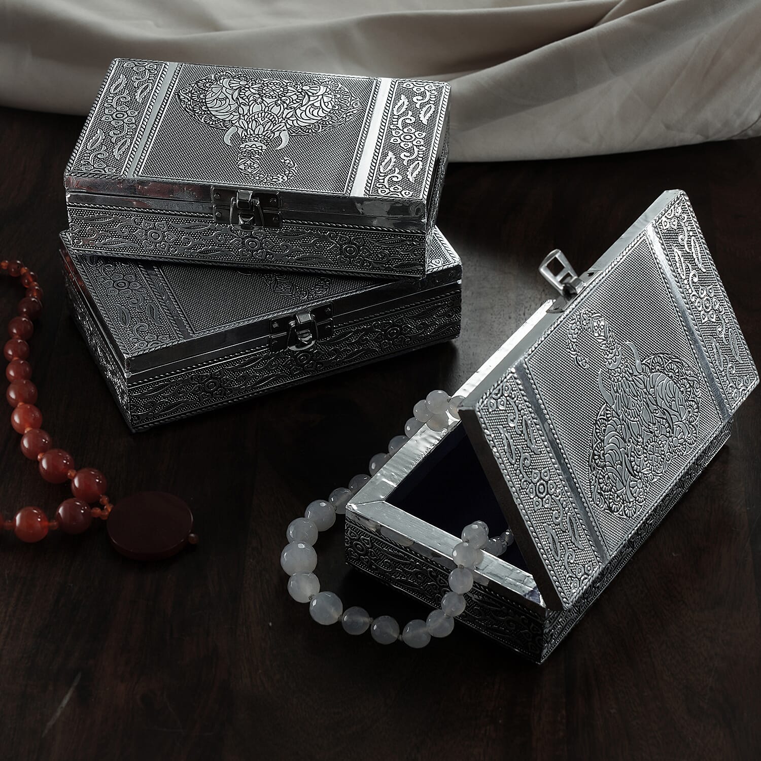 Set of 3 - Elephant Embossed Rectangular Aluminium Oxidized Storage Boxes (Size 16.5x10x4 Inch) - Silver