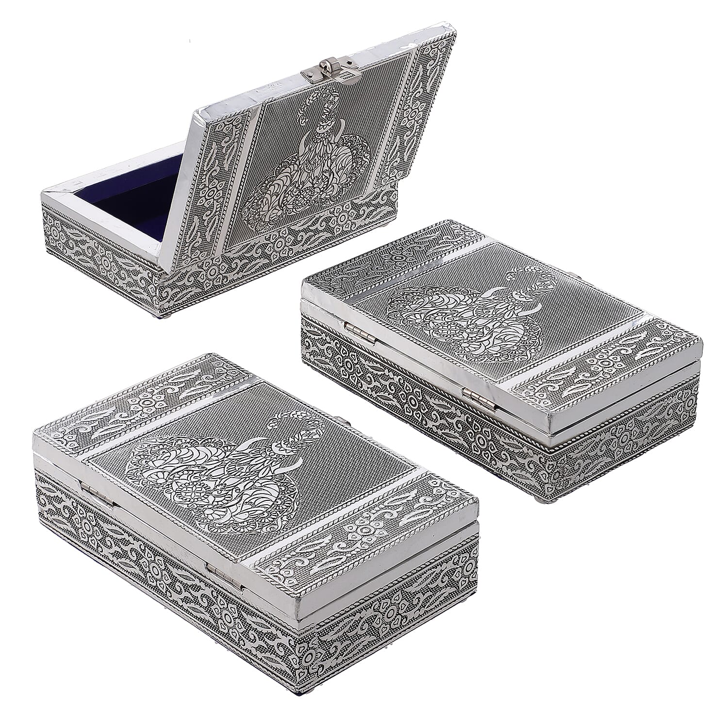 Set of 3 - Elephant Embossed Rectangular Aluminium Oxidized Storage Boxes (Size 16.5x10x4 Inch) - Silver