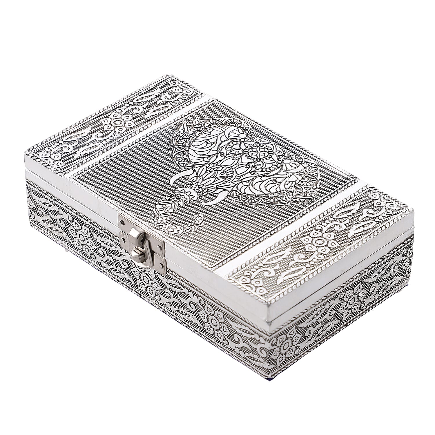 Set of 3 - Elephant Embossed Rectangular Aluminium Oxidized Storage Boxes (Size 16.5x10x4 Inch) - Silver
